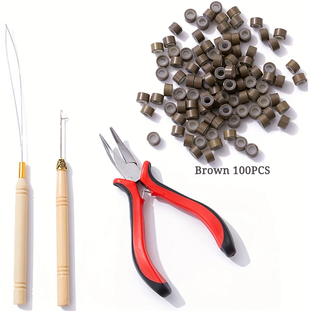 Hair Extensions Tool Kit I-tip Hair Extension Pliers Pulling Hook Bead Device Tool Kits and 100 Pcs 5 mm Micro Links Rings Beads thumbnail 4