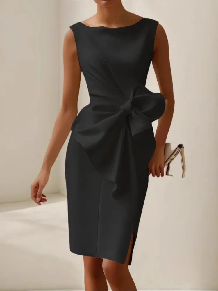 Elegant Solid Bow Dress For Women Fashion Sleeveless O Neck Slim Package Hip Dresses Lady Formal Evening Party Women's Clothing thumbnail 2