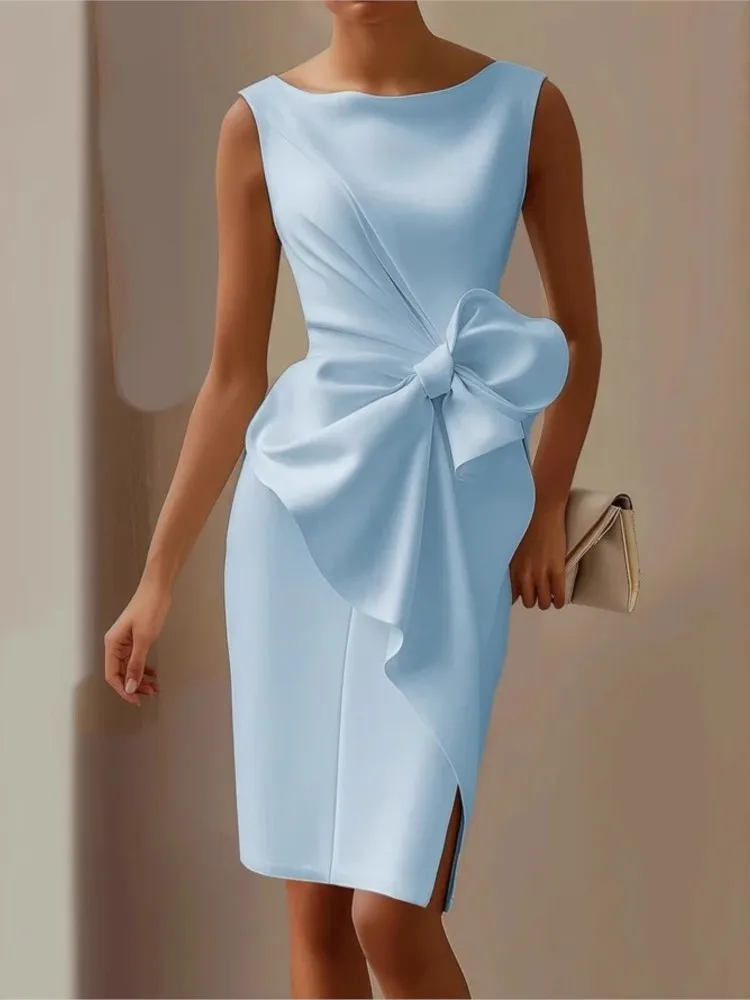 Elegant Solid Bow Dress For Women Fashion Sleeveless O Neck Slim Package Hip Dresses Lady Formal Evening Party Women's Clothing thumbnail 4