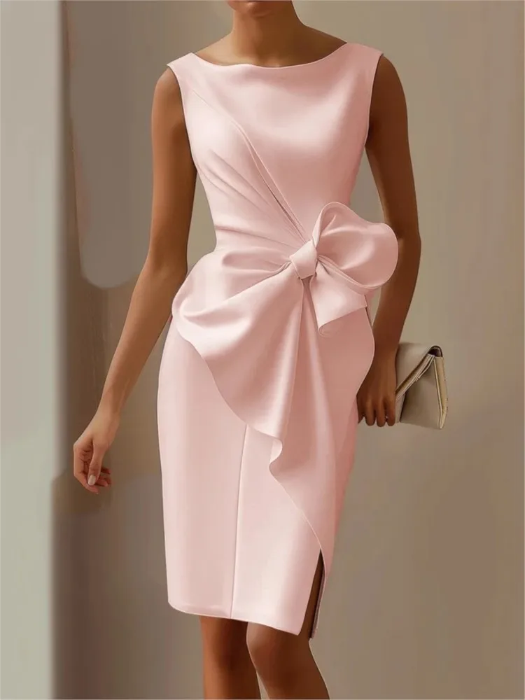 Elegant Solid Bow Dress For Women Fashion Sleeveless O Neck Slim Package Hip Dresses Lady Formal Evening Party Women's Clothing thumbnail 5