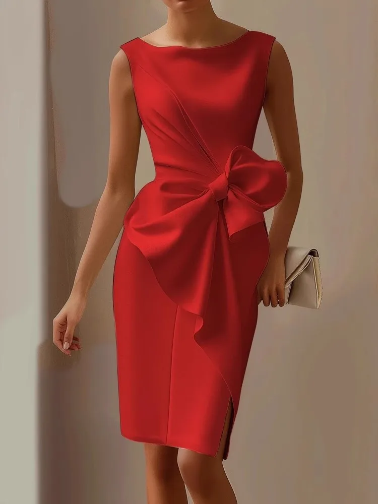 Elegant Solid Bow Dress For Women Fashion Sleeveless O Neck Slim Package Hip Dresses Lady Formal Evening Party Women's Clothing thumbnail 3
