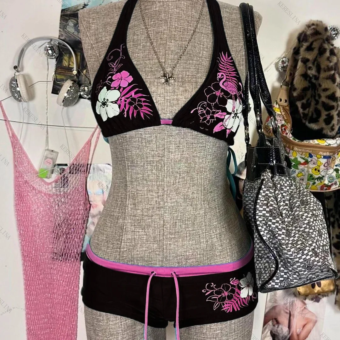 Sexy Hottie Print Laced Up Backless Bikini 2 Piece Set Women Split Swimsuit Beach Bikini 2025 New Summer Swimwear Bikinis Set thumbnail 5