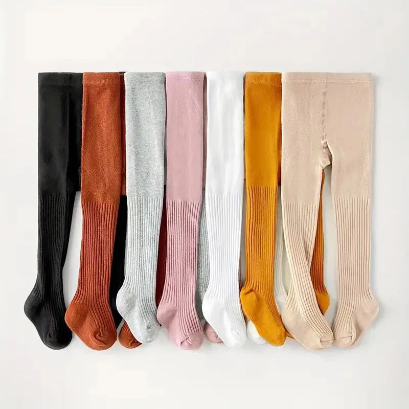 1 Pcs Girls Pantyhose Kids Knitted Leggings Stretchy Vertical Stripe Solid Color Baby Toddler Long Socks