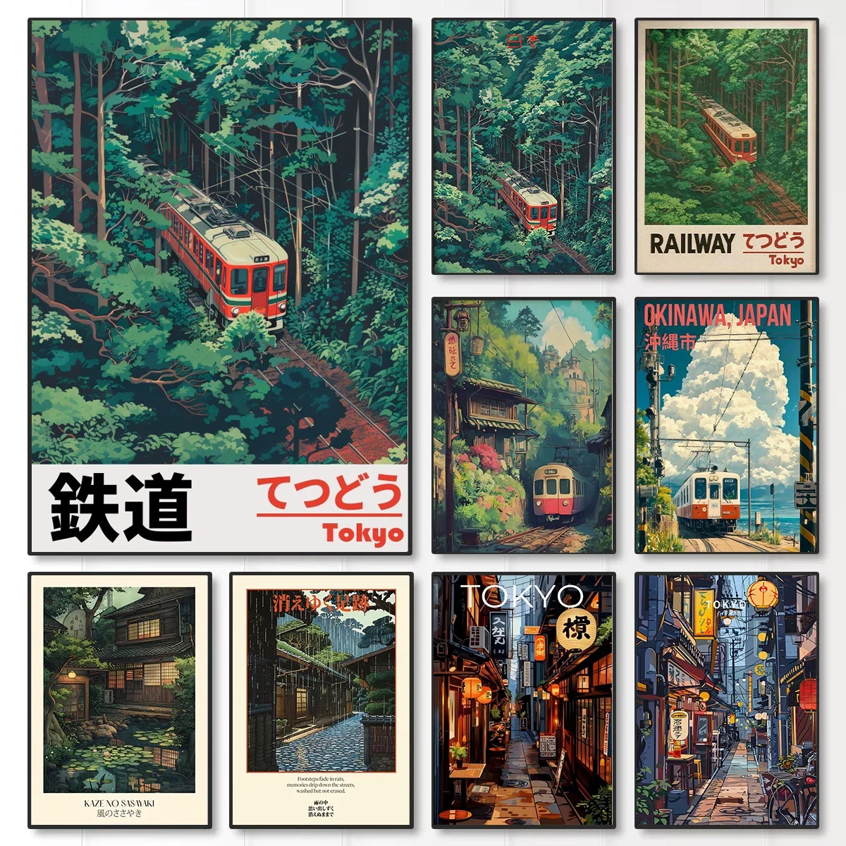 Retro Japanese Railway Landscape Canvas Print Tokyo Rainy Night Street Wall Art Poster for Modern Living Room Bedroom Home Decor