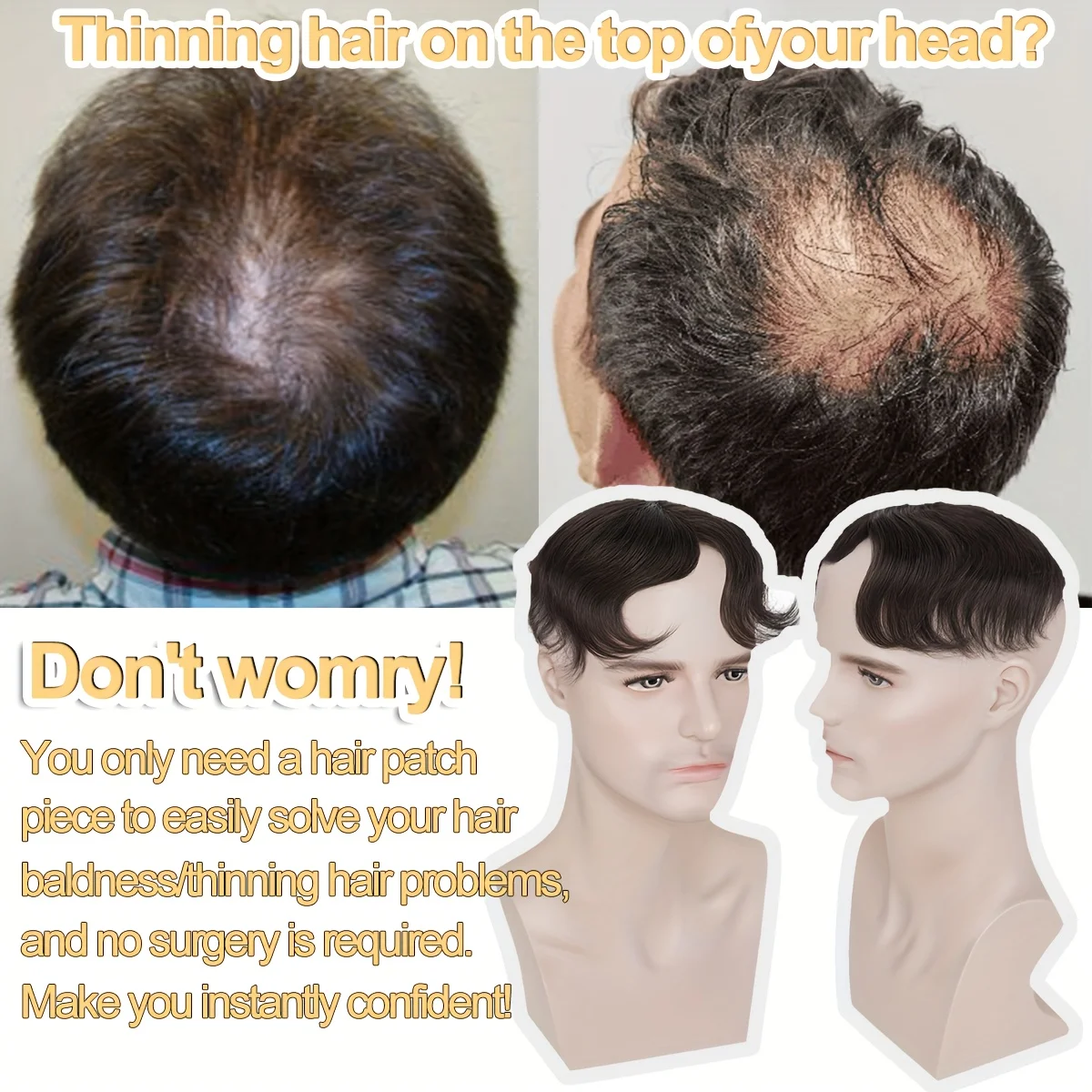 Men'S Toupee Real Human Hair Soft Thin Skin Mens Hairpieces Hair Replacement System For Slight Hair Loss thumbnail 2