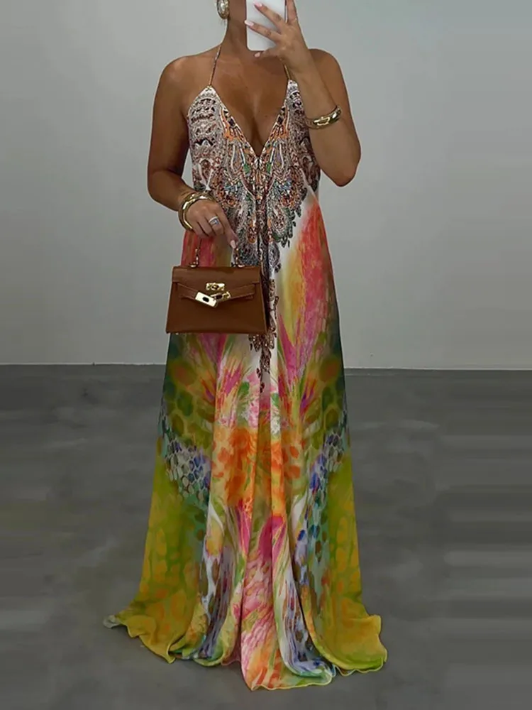 Casual High Waist Evening Party Dress Sexy V-neck Backless Sleeveless Vacation Robes Elegant Bohemian Printed Women Loose Dress thumbnail 6