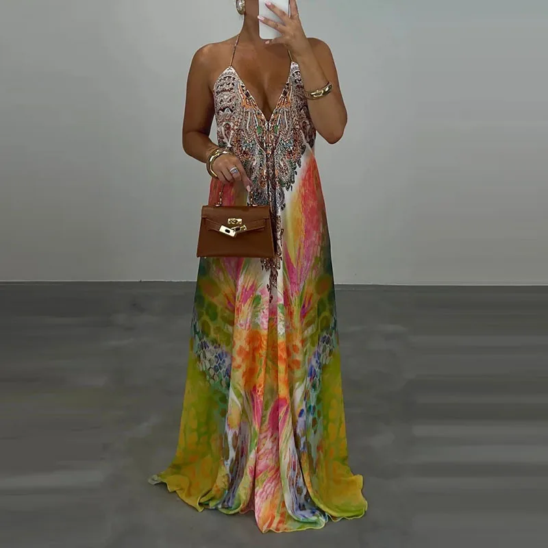 Casual High Waist Evening Party Dress Sexy V-neck Backless Sleeveless Vacation Robes Elegant Bohemian Printed Women Loose Dress thumbnail 3