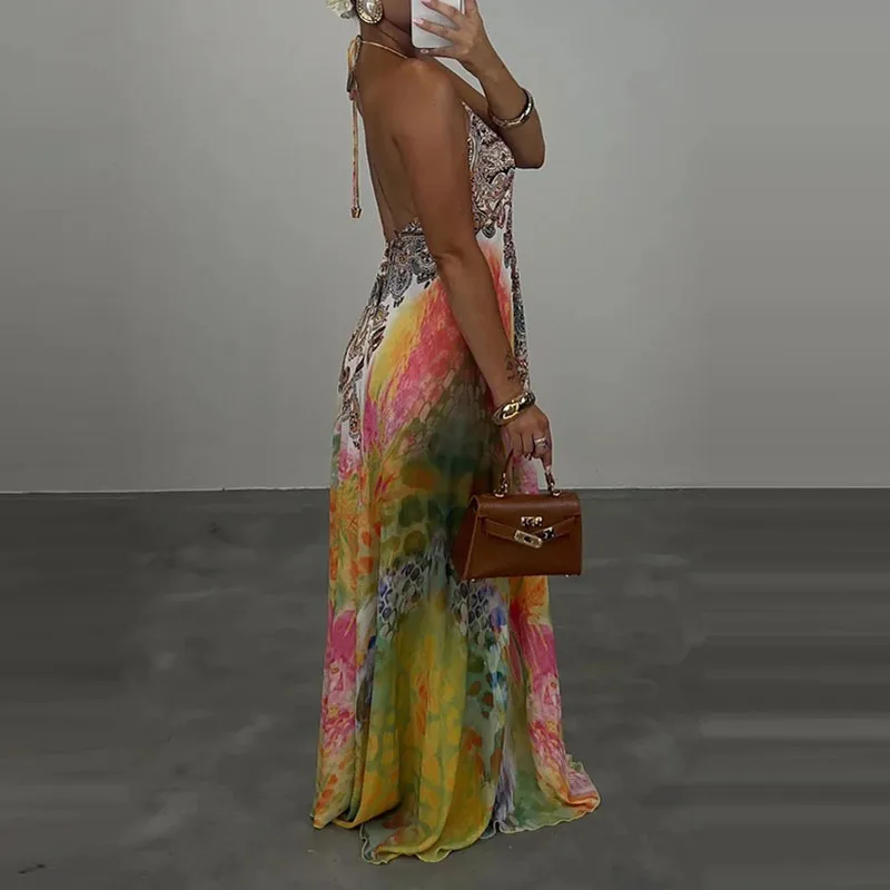 Casual High Waist Evening Party Dress Sexy V-neck Backless Sleeveless Vacation Robes Elegant Bohemian Printed Women Loose Dress thumbnail 5