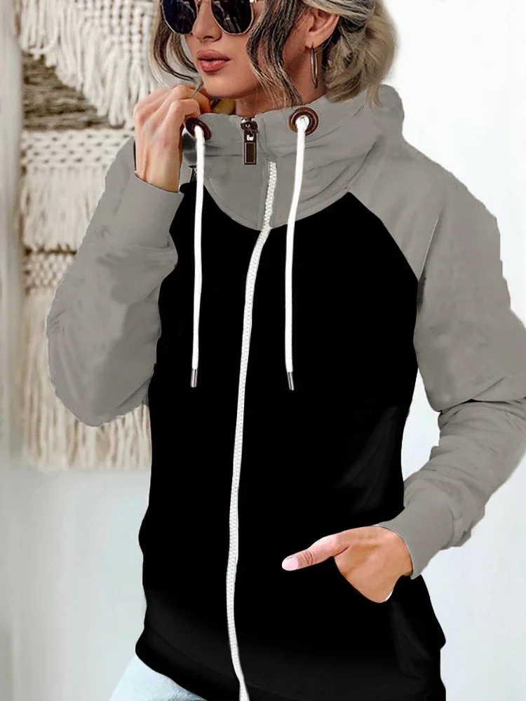 Thick Thermal Patchwork Woman Hooded Pockets Winter Plus Size Contrast Color Zipper Hooded Women's Hoodie Drawstring Lady Coats thumbnail 5