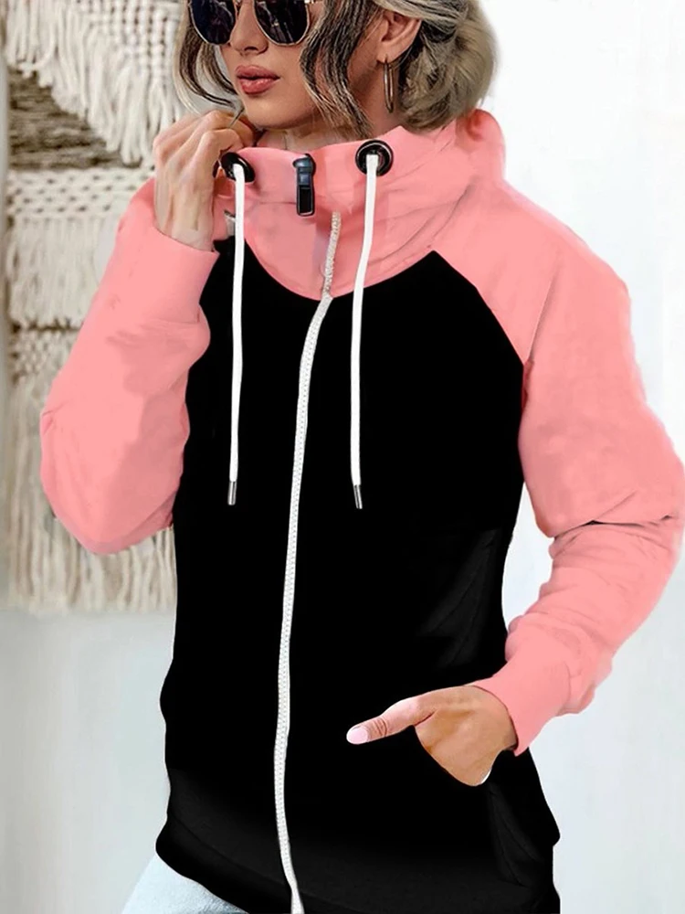 Thick Thermal Patchwork Woman Hooded Pockets Winter Plus Size Contrast Color Zipper Hooded Women's Hoodie Drawstring Lady Coats thumbnail 4