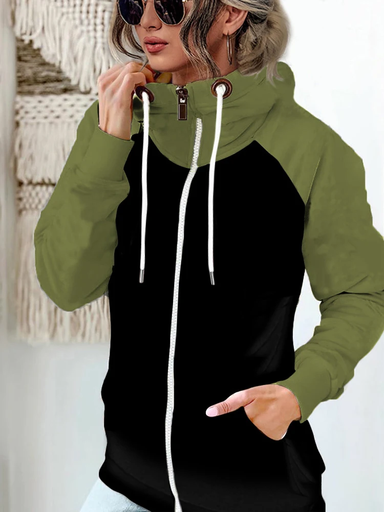 Thick Thermal Patchwork Woman Hooded Pockets Winter Plus Size Contrast Color Zipper Hooded Women's Hoodie Drawstring Lady Coats thumbnail 6