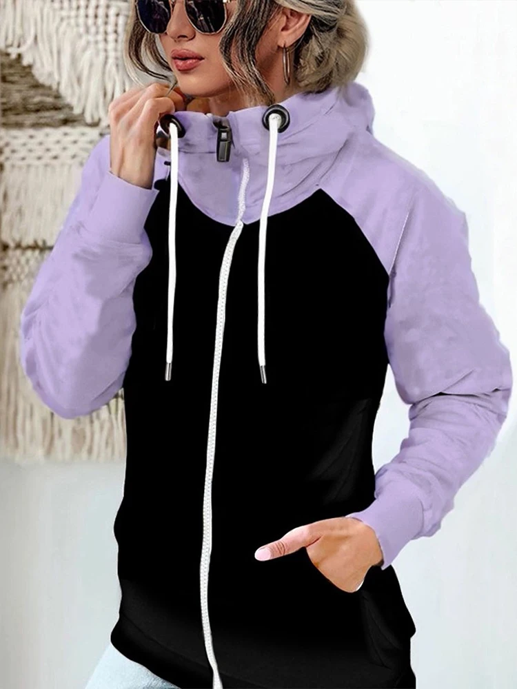 Thick Thermal Patchwork Woman Hooded Pockets Winter Plus Size Contrast Color Zipper Hooded Women's Hoodie Drawstring Lady Coats thumbnail 3