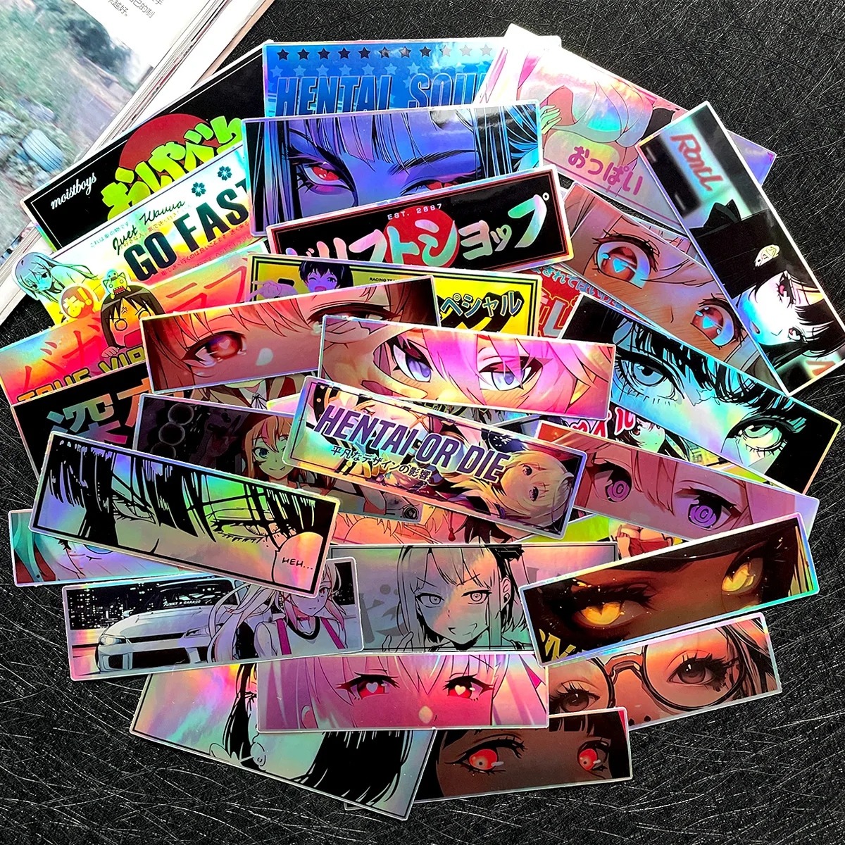 32PCS Binary Modification JDM Anime Beauty Eye Stickers Random Laser Rainbow Motorcycle Car Bike Helmet Accessories DIY Decals thumbnail 6