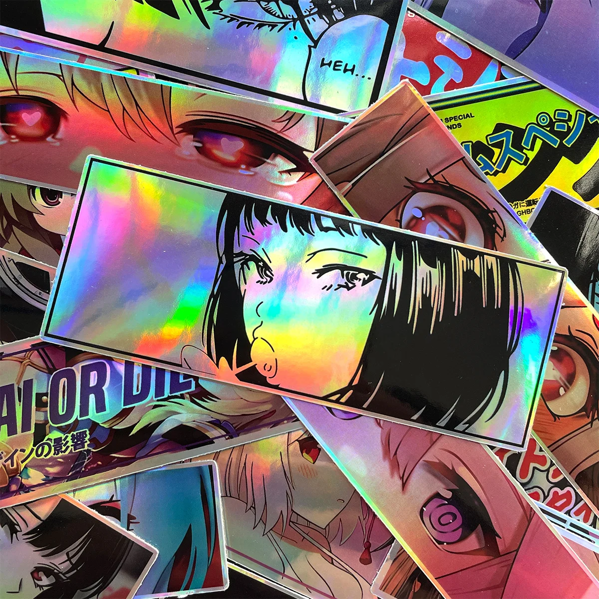 32PCS Binary Modification JDM Anime Beauty Eye Stickers Random Laser Rainbow Motorcycle Car Bike Helmet Accessories DIY Decals thumbnail 2