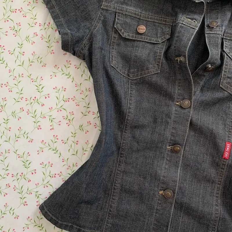 American Harajuku Retro Wash Fashionable Sexy Denim Short-sleeved 2025 New Street Fashion Brand Casual Slim-fit Women Shirt thumbnail 4