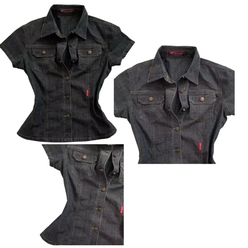 American Harajuku Retro Wash Fashionable Sexy Denim Short-sleeved 2025 New Street Fashion Brand Casual Slim-fit Women Shirt thumbnail 2