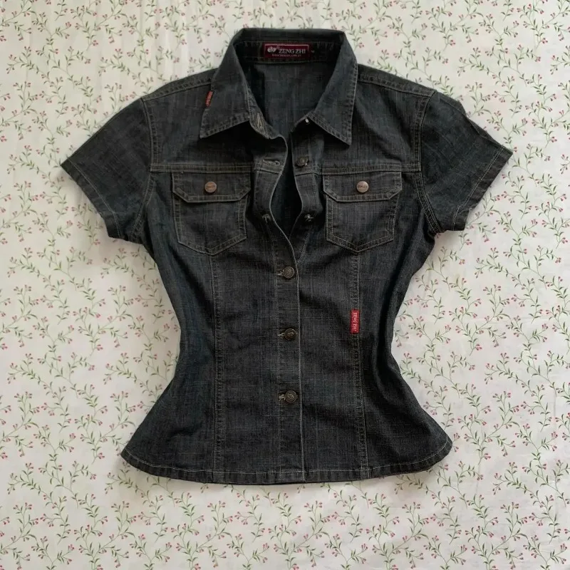 American Harajuku Retro Wash Fashionable Sexy Denim Short-sleeved 2025 New Street Fashion Brand Casual Slim-fit Women Shirt thumbnail 3