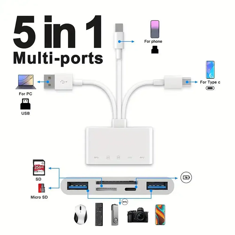 Three-wire 5-in-1 card reader, multi-function OTG converter, high-speed transmission, compatible with Iphone/Android/ipad thumbnail 2