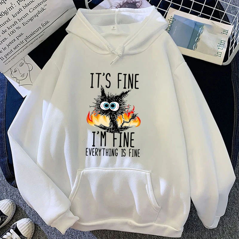 2025 Plus Size Cat Its Fine Im Fine Everything Is Fine Printed Women Hoodies Autumn Winter Hoodie Pullover Hooded thumbnail 2