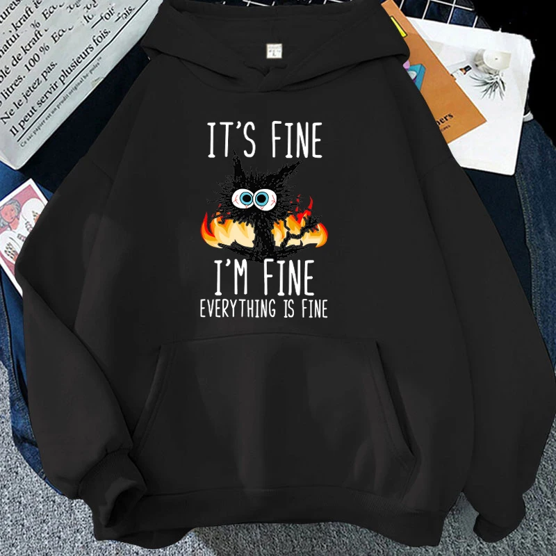 2025 Plus Size Cat Its Fine Im Fine Everything Is Fine Printed Women Hoodies Autumn Winter Hoodie Pullover Hooded thumbnail 3