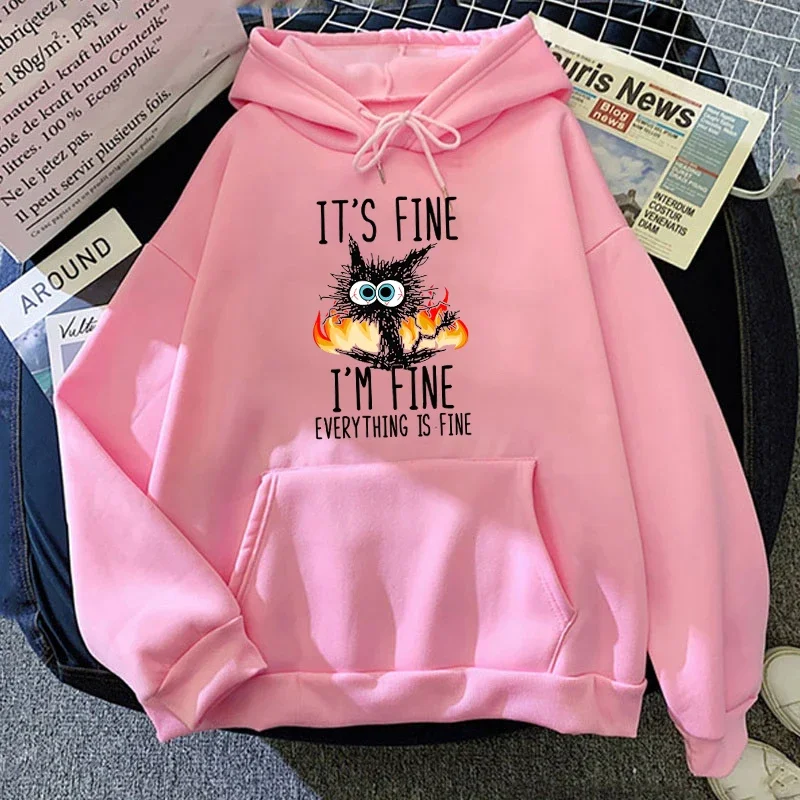 2025 Plus Size Cat Its Fine Im Fine Everything Is Fine Printed Women Hoodies Autumn Winter Hoodie Pullover Hooded thumbnail 5