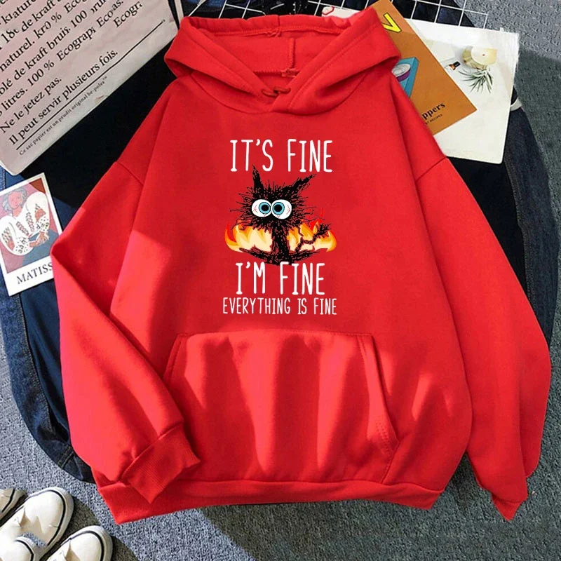 2025 Plus Size Cat Its Fine Im Fine Everything Is Fine Printed Women Hoodies Autumn Winter Hoodie Pullover Hooded thumbnail 4