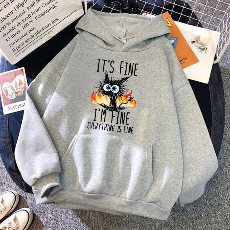 2025 Plus Size Cat Its Fine Im Fine Everything Is Fine Printed Women Hoodies Autumn Winter Hoodie Pullover Hooded thumbnail 6