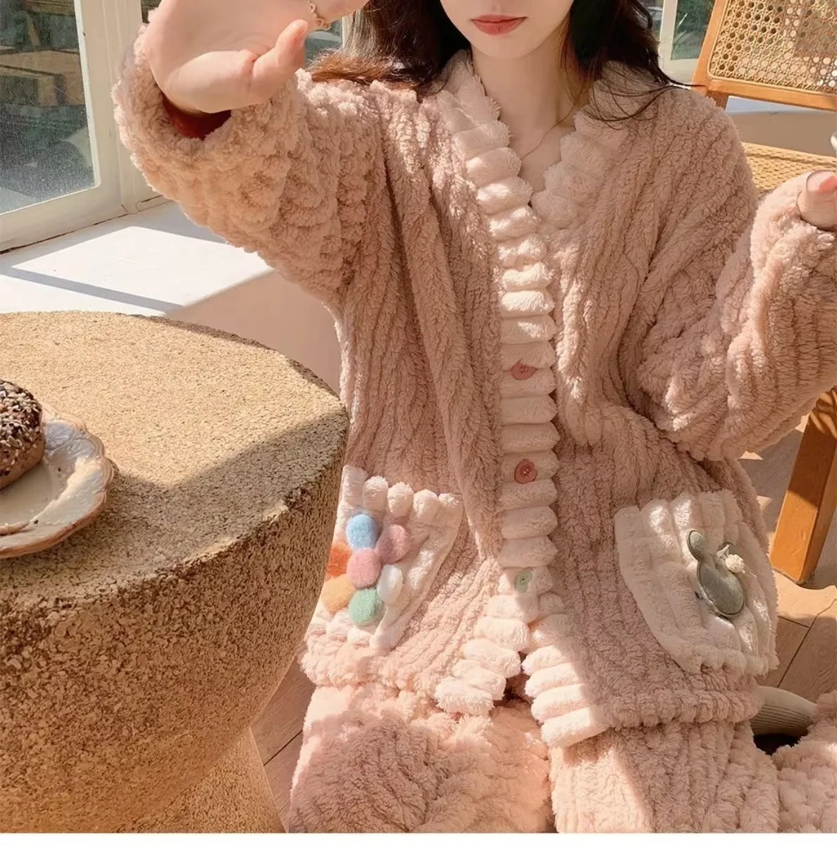 Thickened Warm Flannel Women Sleepwear Loungewear Cardigan Suit Winter Sweet Kawaii Soft Fairy Wind Ladies Pajamas Homewear thumbnail 2