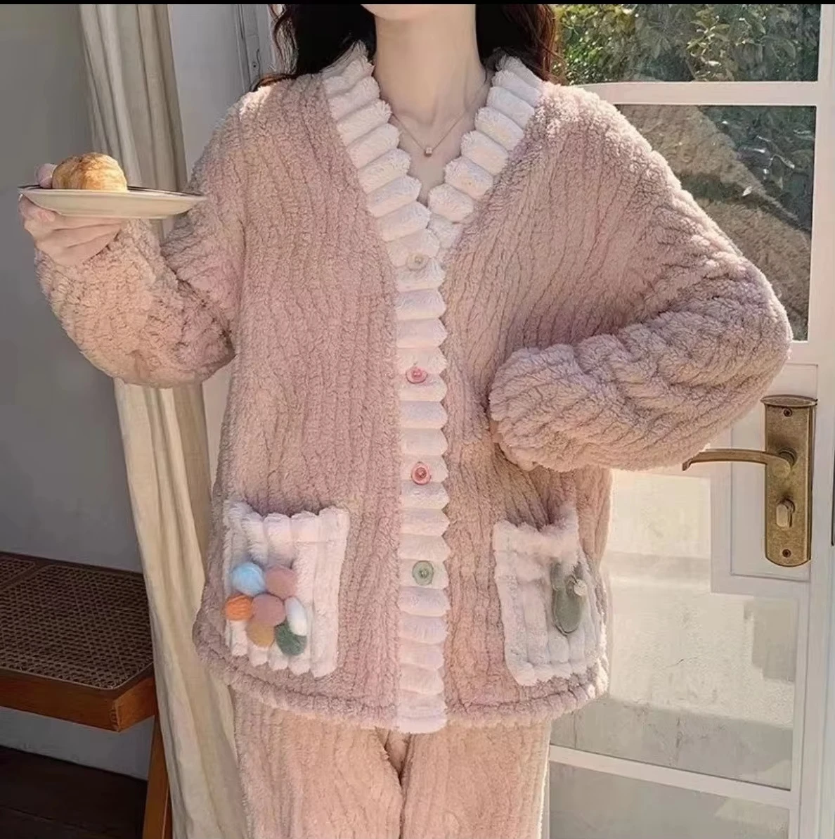 Thickened Warm Flannel Women Sleepwear Loungewear Cardigan Suit Winter Sweet Kawaii Soft Fairy Wind Ladies Pajamas Homewear thumbnail 4