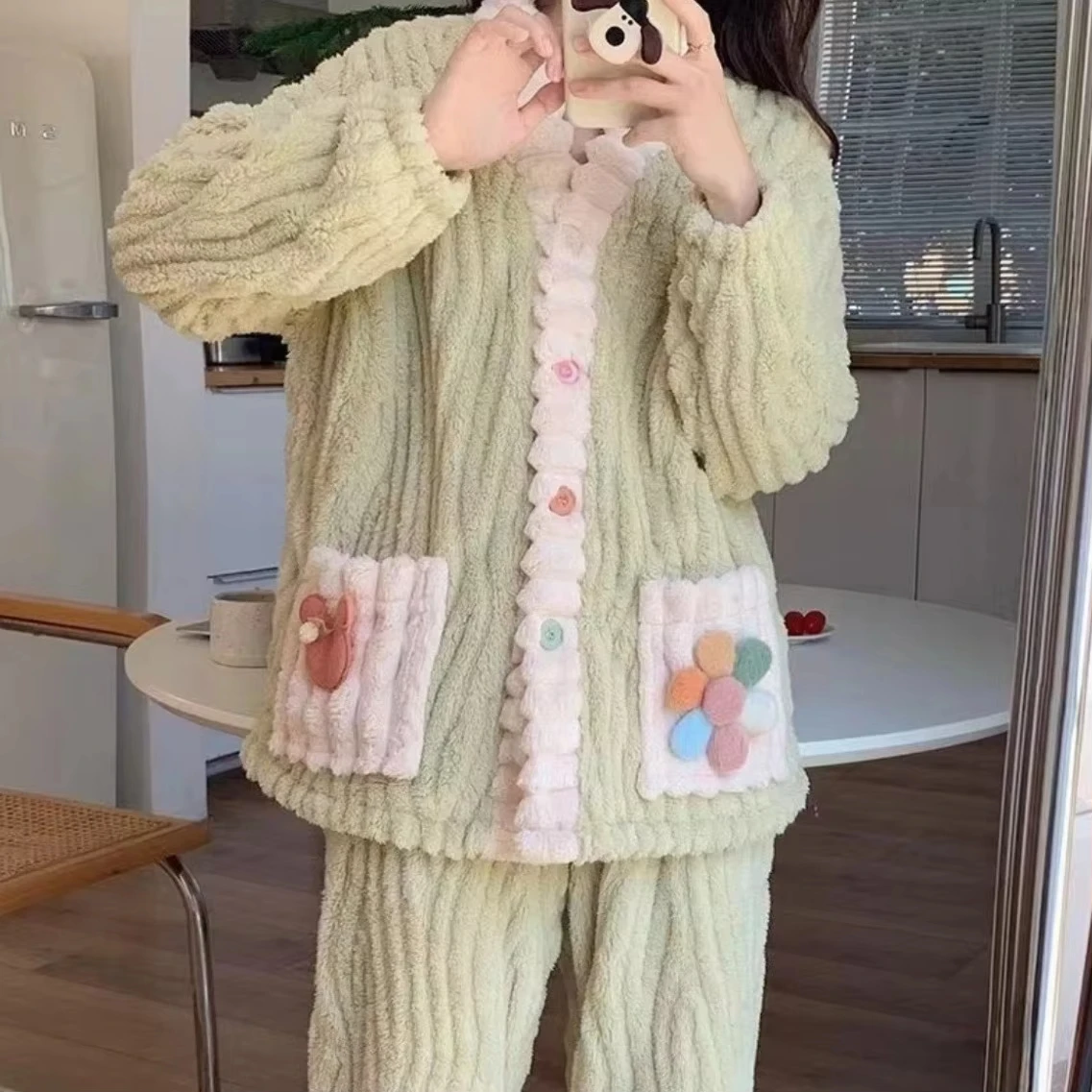Thickened Warm Flannel Women Sleepwear Loungewear Cardigan Suit Winter Sweet Kawaii Soft Fairy Wind Ladies Pajamas Homewear thumbnail 5