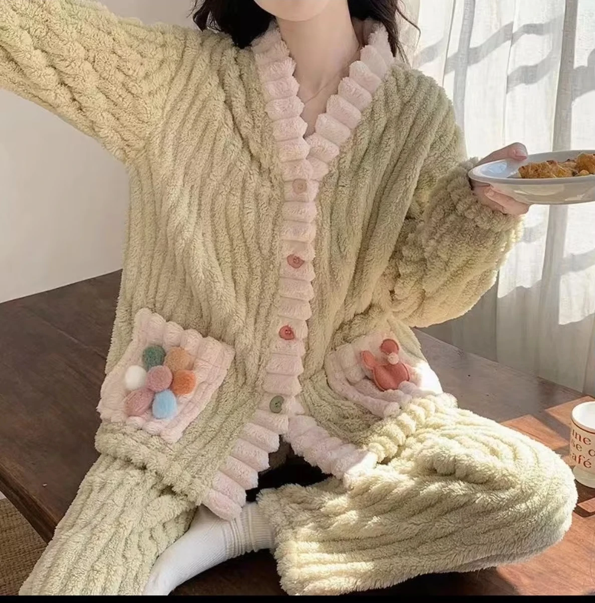 Thickened Warm Flannel Women Sleepwear Loungewear Cardigan Suit Winter Sweet Kawaii Soft Fairy Wind Ladies Pajamas Homewear thumbnail 3