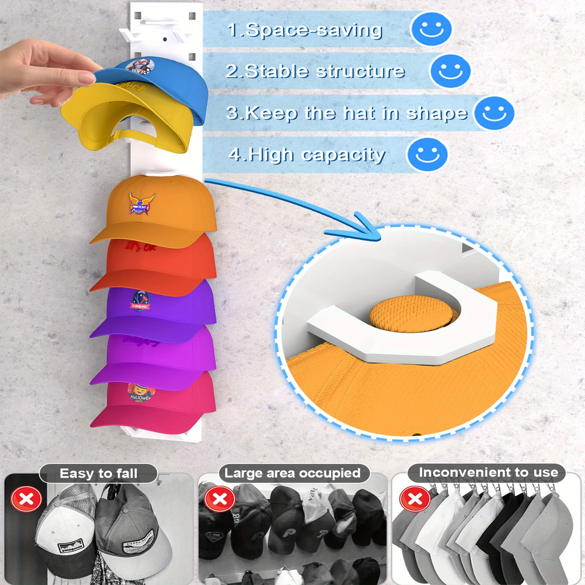 2026 New Baseball Cap Rack Wall Mounted Hat Organizer Storage Hanger for Door Closet Multifunctional Cap Holder Display thumbnail 3