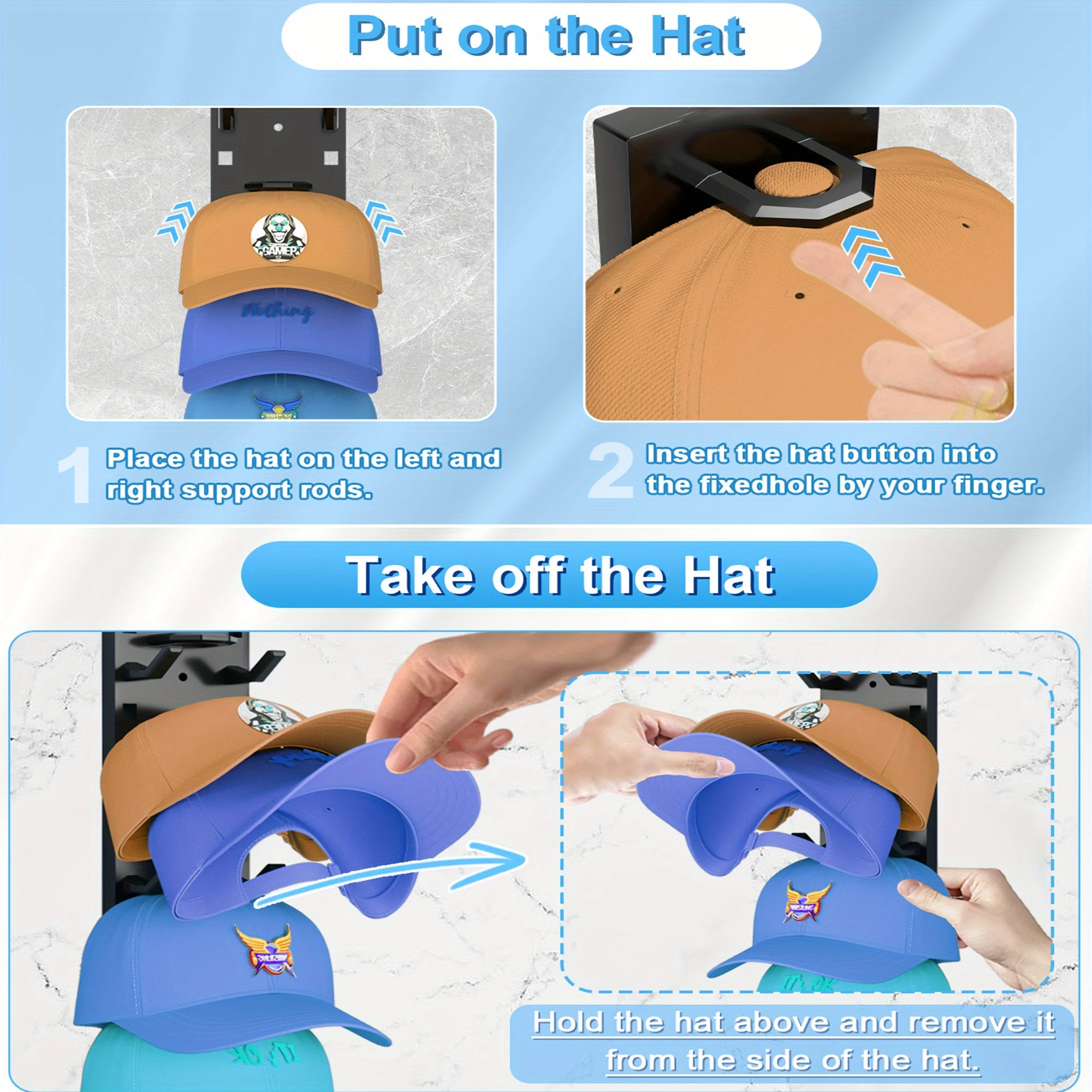 2026 New Baseball Cap Rack Wall Mounted Hat Organizer Storage Hanger for Door Closet Multifunctional Cap Holder Display thumbnail 6