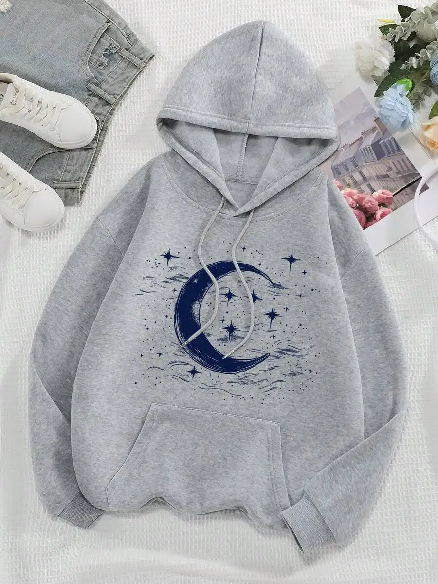 Plus Size Women's Star & Moon Pattern Hoodie Long Sleeve Tops 2025 Autumn Winter Sweatshirt Hip Hop Clothing Woman Hoodies thumbnail 2