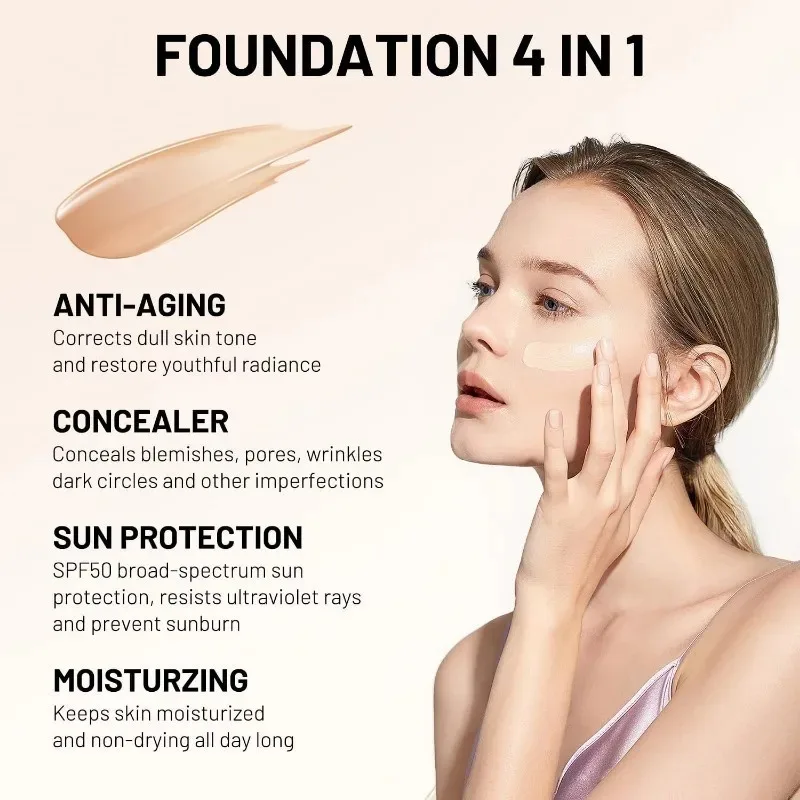 4 in 1 Foundation Liquid Hydrating Medium Full Coverage Concealer SPF 50+ Longwearing Waterproof Foundation Natural Face Makeup thumbnail 3