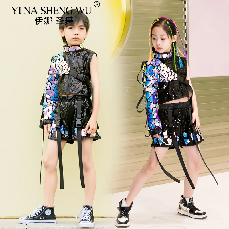 Fashion Boys Girls Catwalk Show Outfit Jazz Dance Costume Modern Street Dance Children Hip Hop Kids Performance Sequin Set