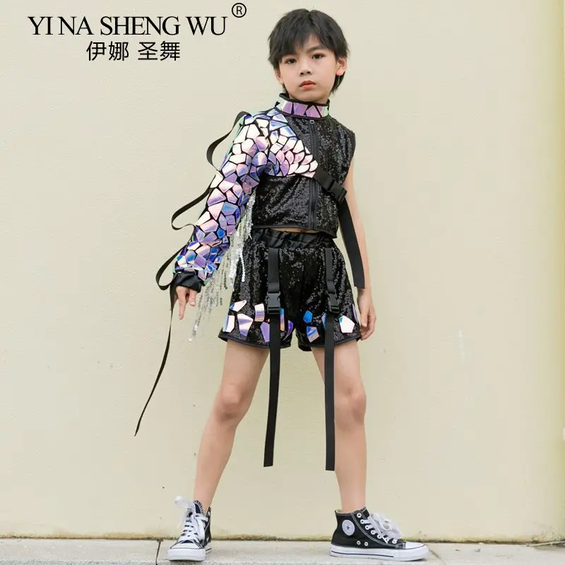 Fashion Boys Girls Catwalk Show Outfit Jazz Dance Costume Modern Street Dance Children Hip Hop Kids Performance Sequin Set thumbnail 5