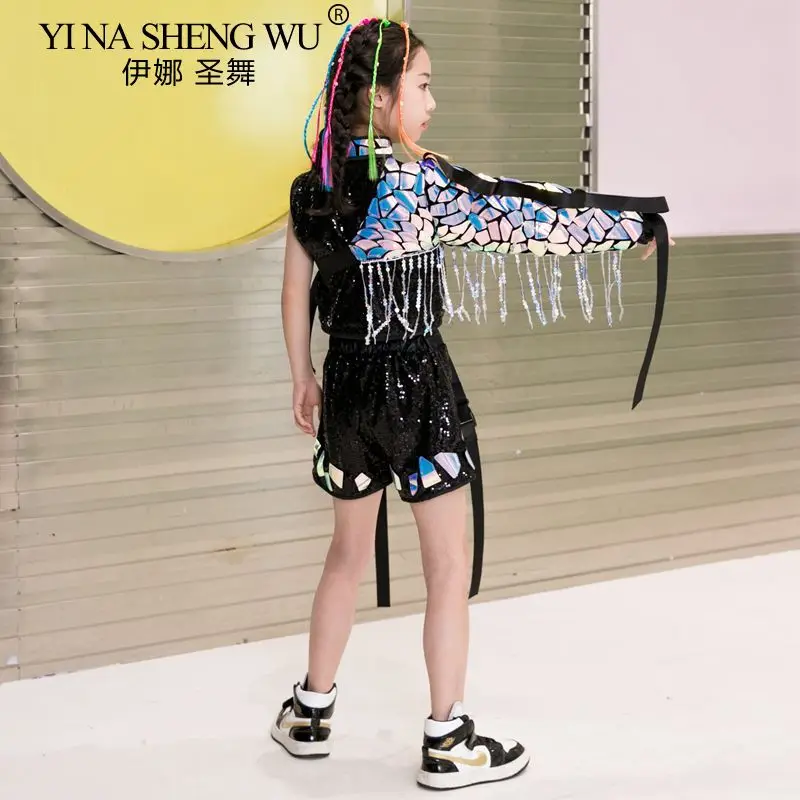 Fashion Boys Girls Catwalk Show Outfit Jazz Dance Costume Modern Street Dance Children Hip Hop Kids Performance Sequin Set thumbnail 3