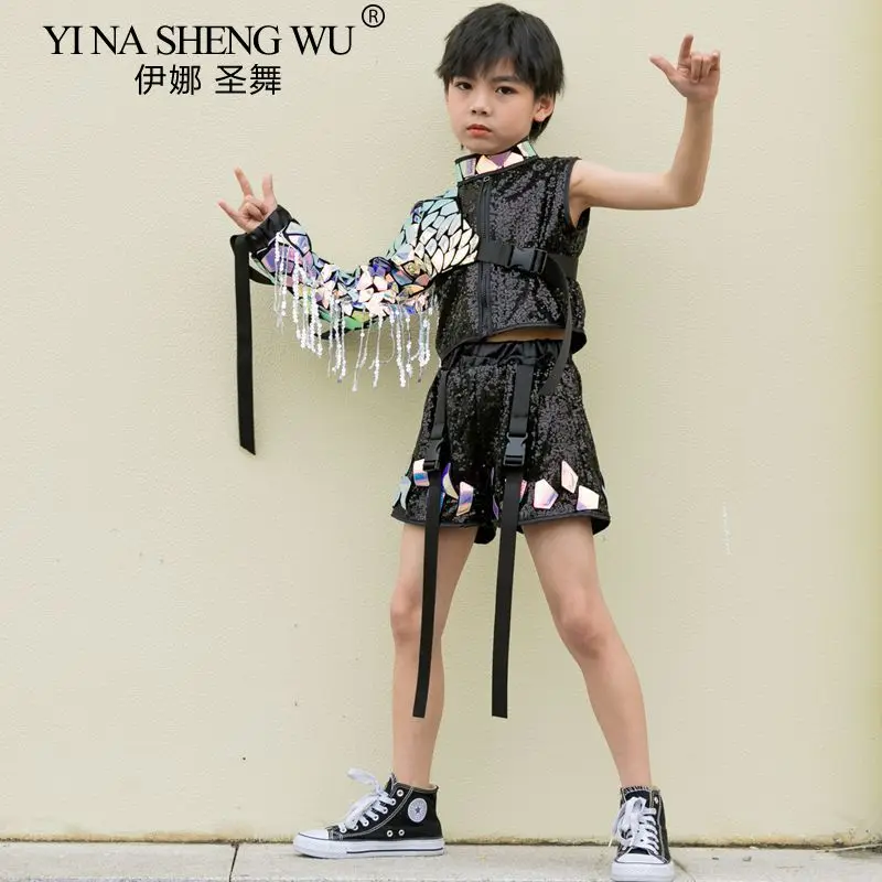 Fashion Boys Girls Catwalk Show Outfit Jazz Dance Costume Modern Street Dance Children Hip Hop Kids Performance Sequin Set thumbnail 6