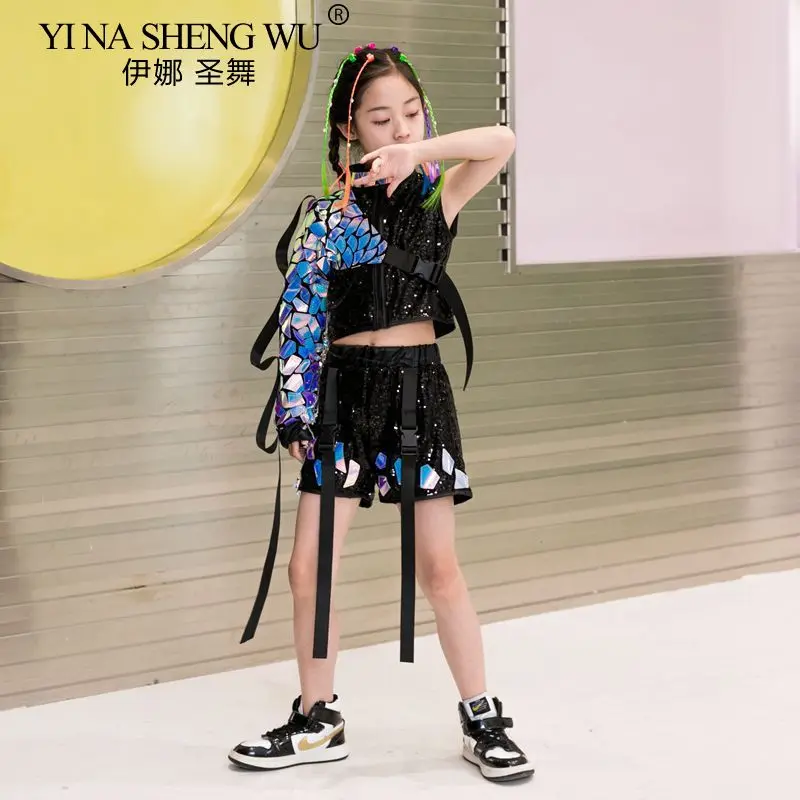 Fashion Boys Girls Catwalk Show Outfit Jazz Dance Costume Modern Street Dance Children Hip Hop Kids Performance Sequin Set thumbnail 2