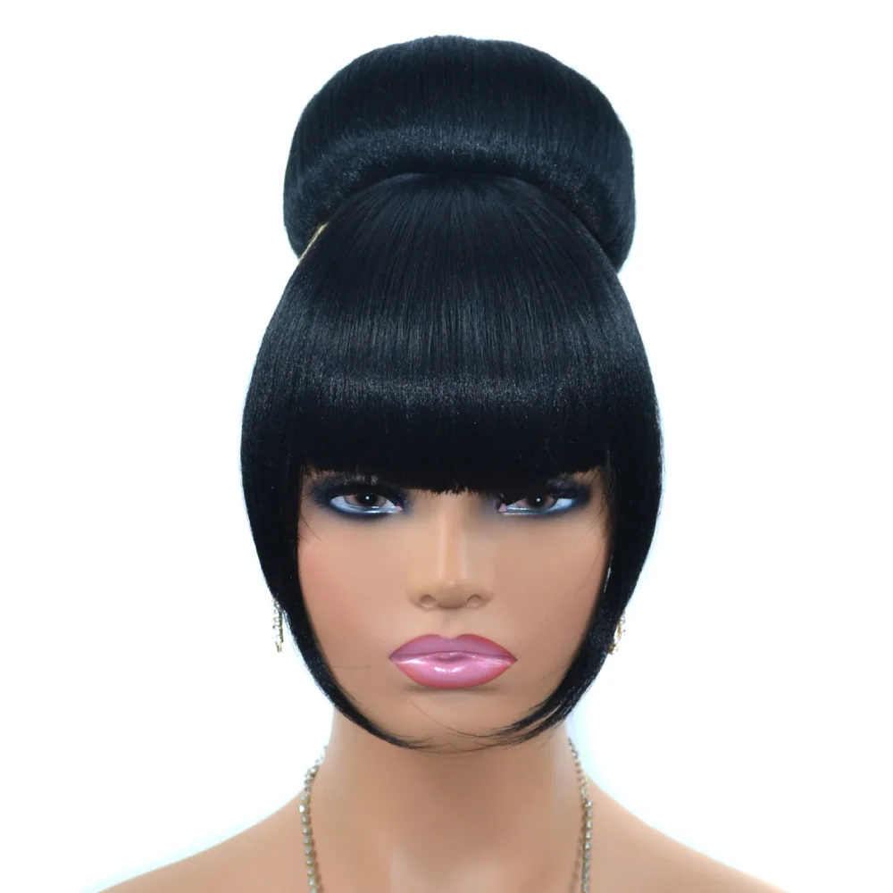 Jeedou Chignon Synthetic Hairpiece Clip On Hair Bun with Bangs Spherical Updo Natural Black Color Easy Wear Fashion for Women thumbnail 3
