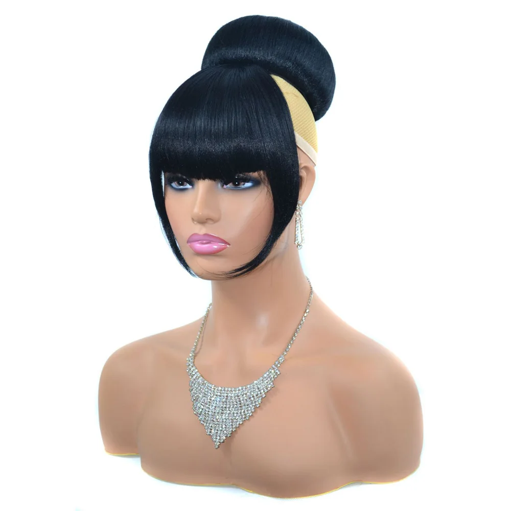 Jeedou Chignon Synthetic Hairpiece Clip On Hair Bun with Bangs Spherical Updo Natural Black Color Easy Wear Fashion for Women thumbnail 6