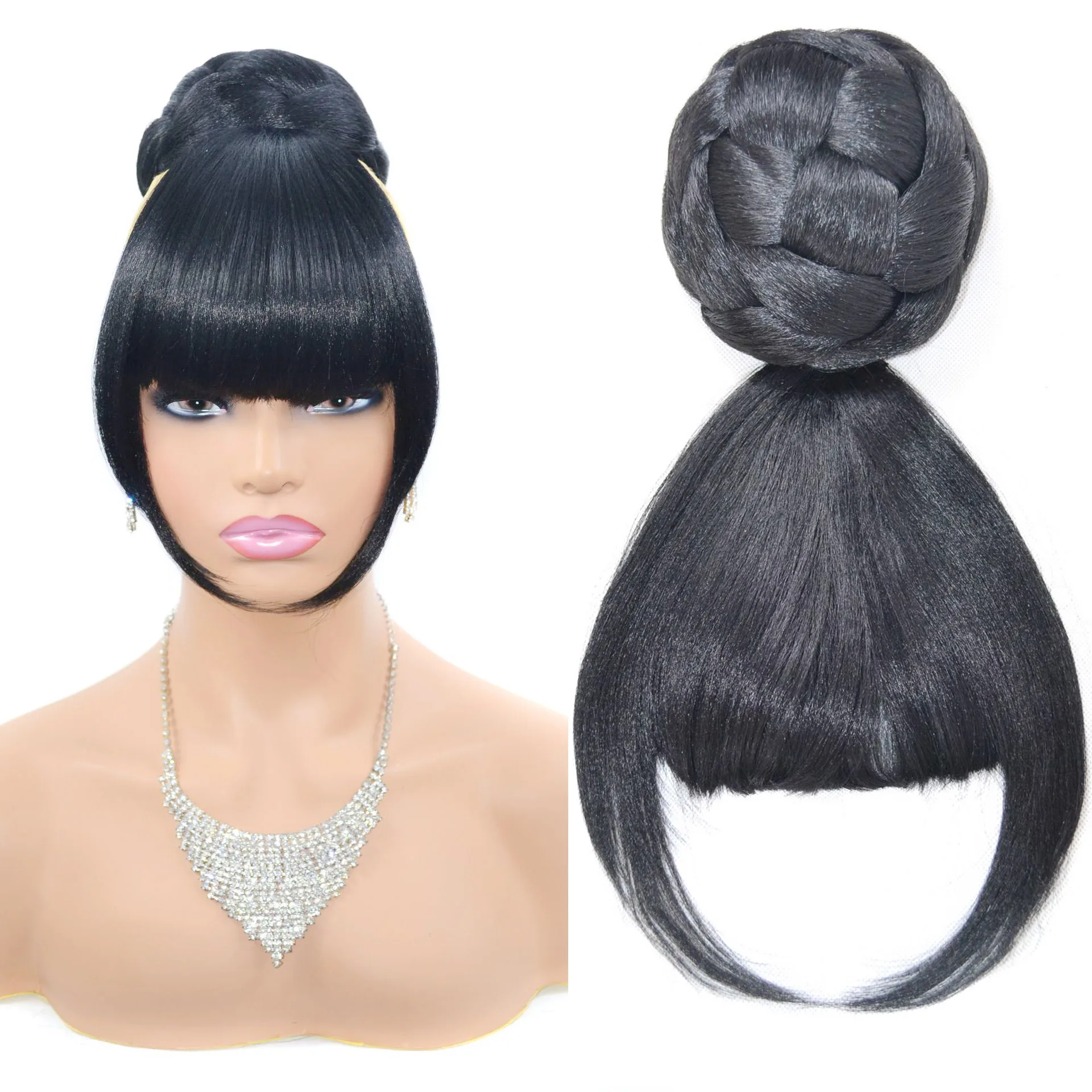 Jeedou Chignon Synthetic Hairpiece Clip On Hair Bun with Bangs Spherical Updo Natural Black Color Easy Wear Fashion for Women thumbnail 2