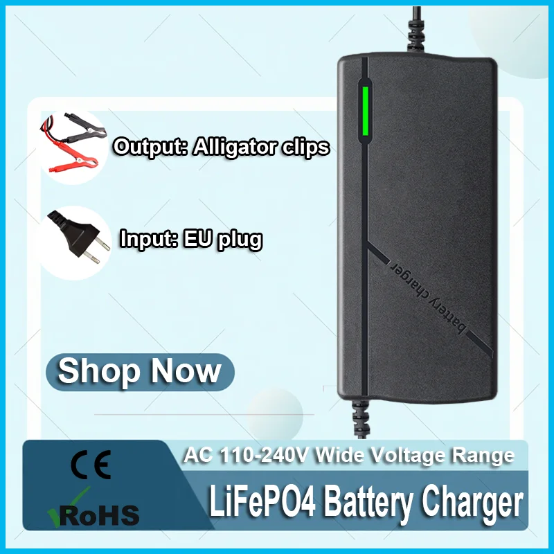 Smart LiFePO4 Battery Charger AC110-240V EU Plug Charger For LiFePO4 Battery Packs, Cars, Electric Boats, RVs, Motorcycles