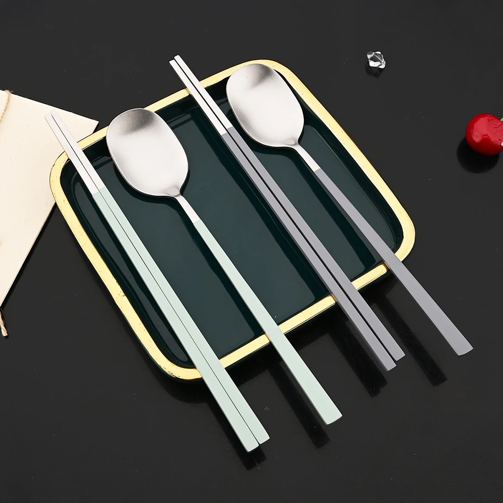2/8Pcs Silver Dinnerware Set Western Stainless Steel Cutlery Dinner Spoon Sushi Chopsticks Flatware Party Kitchen Tableware thumbnail 5