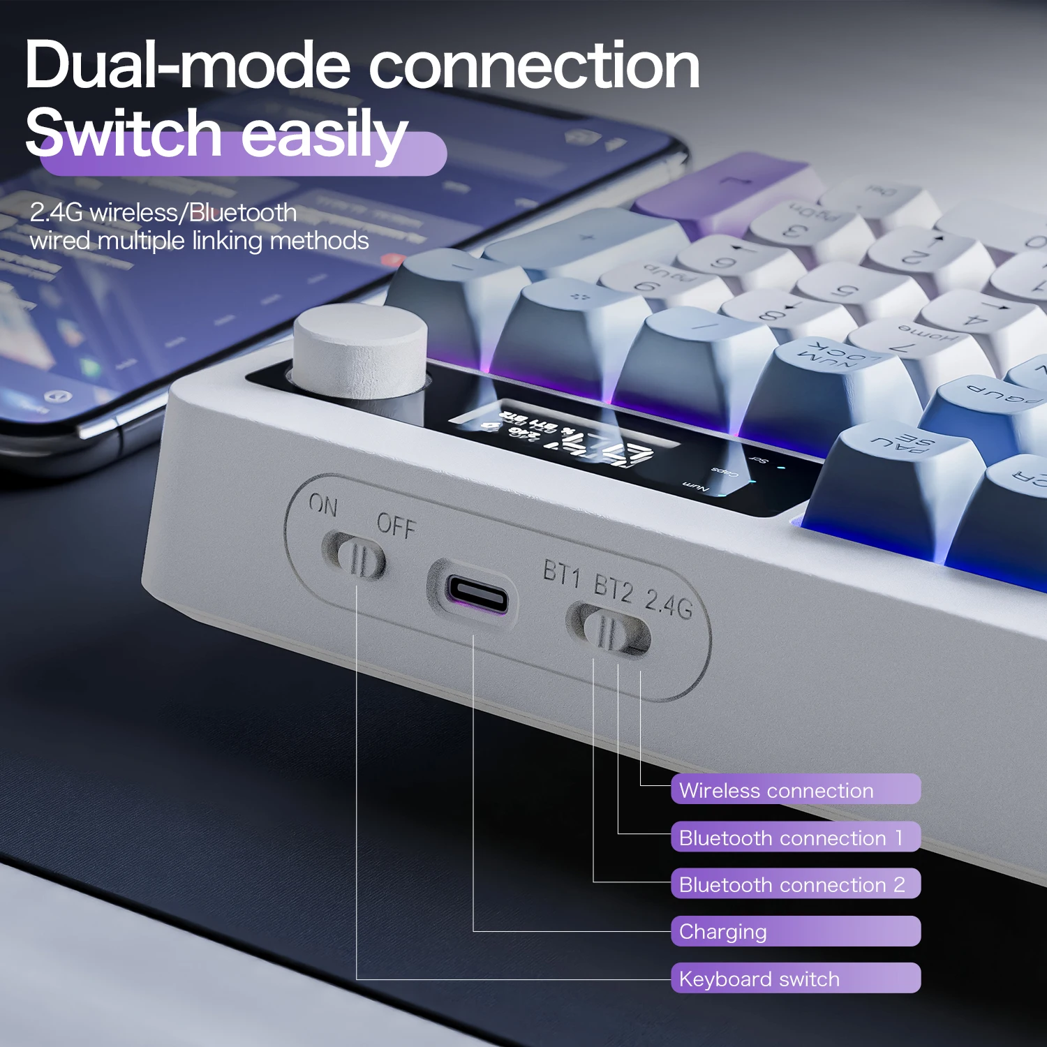XUNFOX TK100 Bluetooth wireless dual-mode keyboard TFT smart screen desktop laptop office e-sports game RGB light effect thumbnail 4