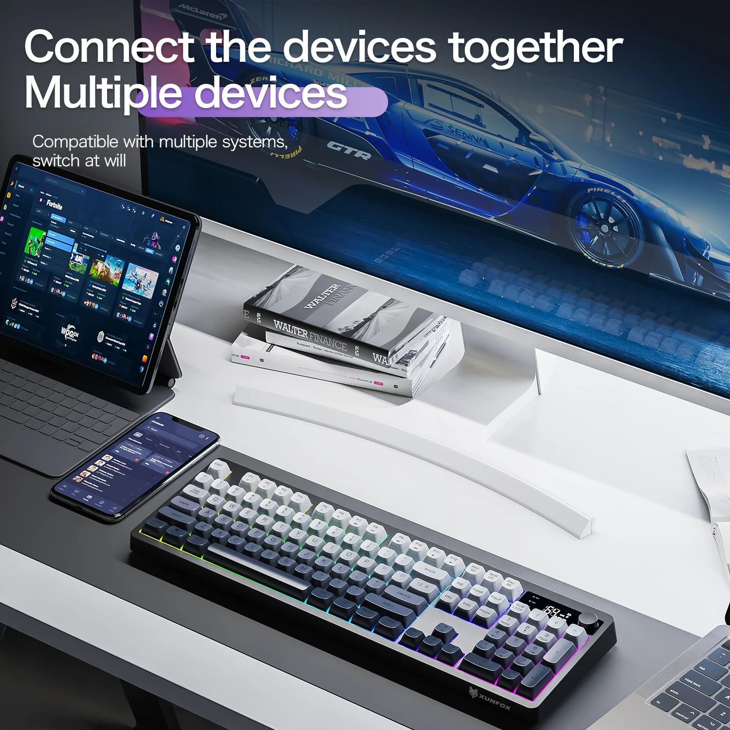 XUNFOX TK100 Bluetooth wireless dual-mode keyboard TFT smart screen desktop laptop office e-sports game RGB light effect thumbnail 2