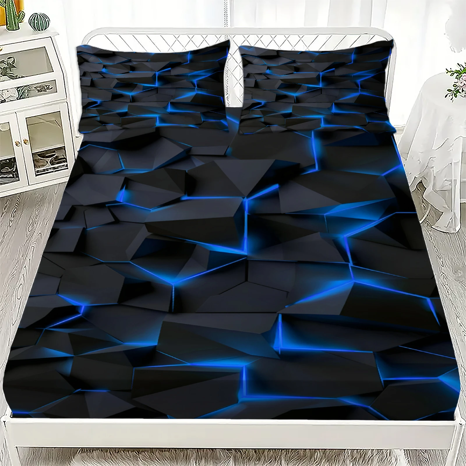 3pcs Fitted Sheet Set Visual Geometry Dizziness Print 100% Polyester Breathable Bedding Set for Home Decor with 2 Pillowcases thumbnail 4