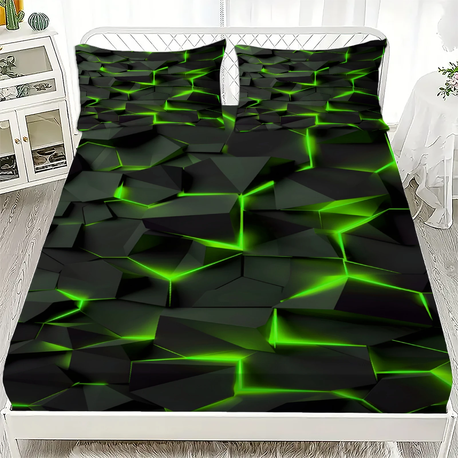 3pcs Fitted Sheet Set Visual Geometry Dizziness Print 100% Polyester Breathable Bedding Set for Home Decor with 2 Pillowcases thumbnail 2