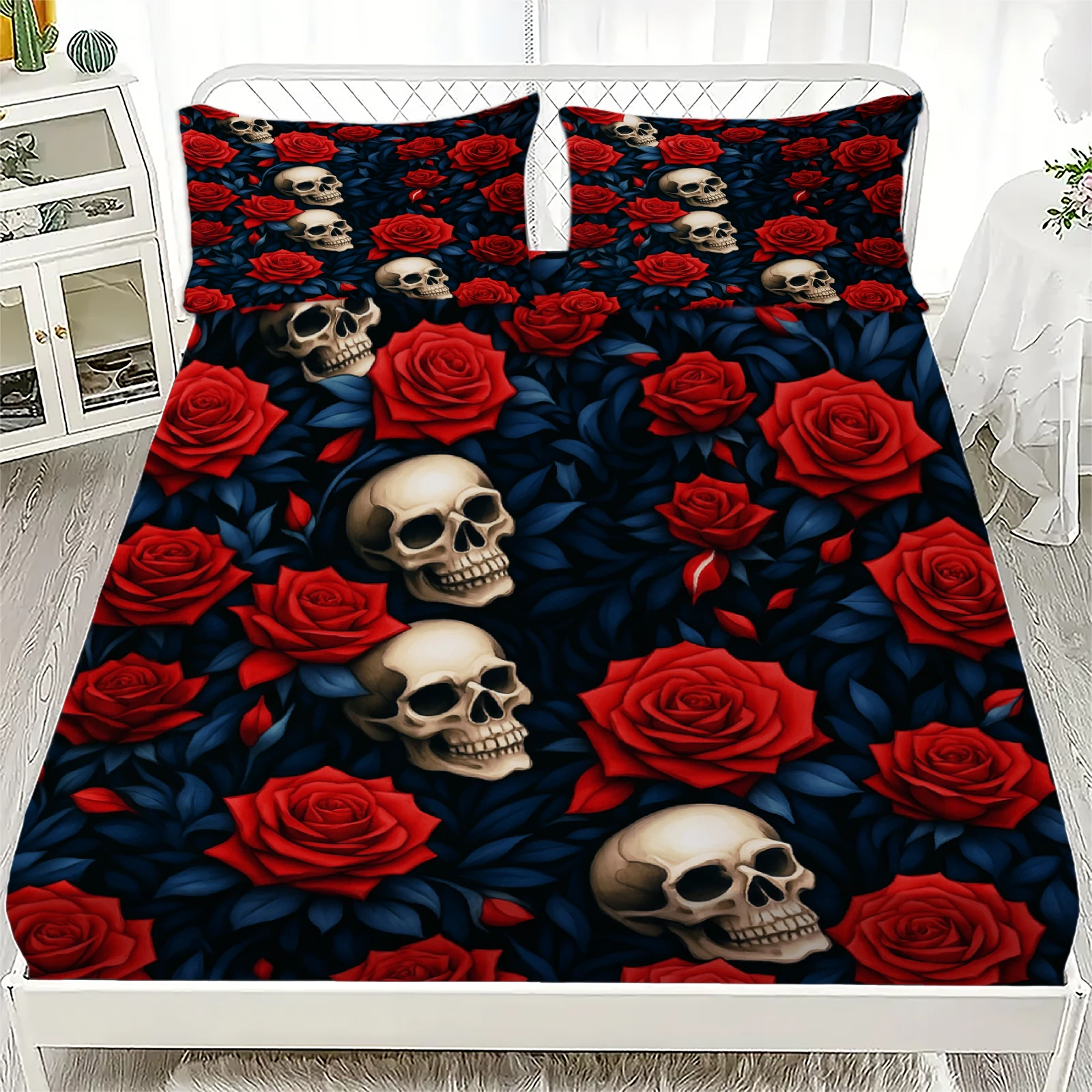 3pcs Fitted Sheet Set Gothic Style Skull Flowers Print 100% Polyester Breathable Bedding Set for Home Decor with 2 Pillowcases thumbnail 4